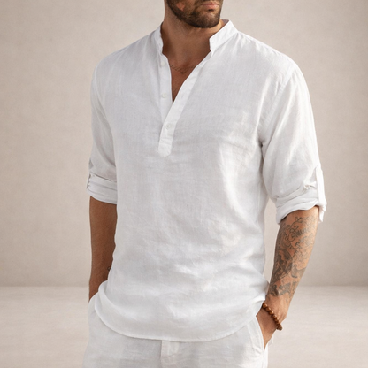 Men's Linen Shirt | Breathable Stand Collar Long Sleeve