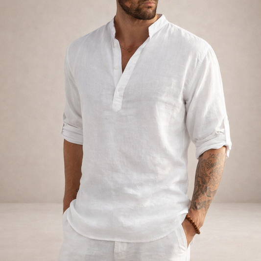 Men's Linen Shirt | Breathable Stand Collar Long Sleeve