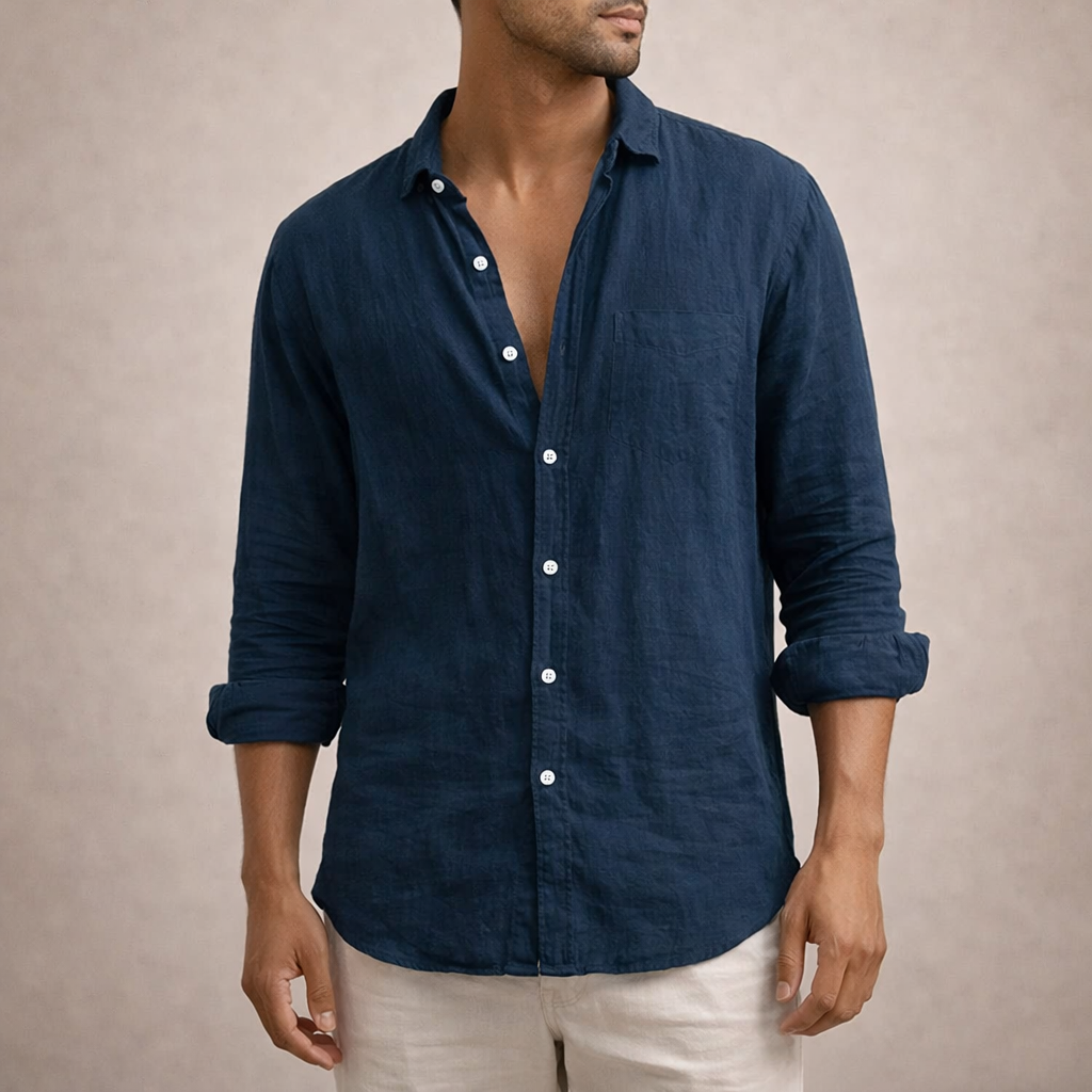 Men's Long Sleeve Open Collar Shirt | Regular Fit Linen-Style Summer Top