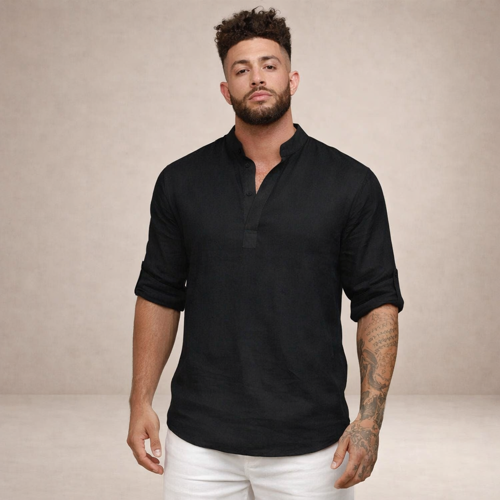 Men's Long Sleeve Stand Collar Shirt | Regular Fit Linen-Style Breathable Top