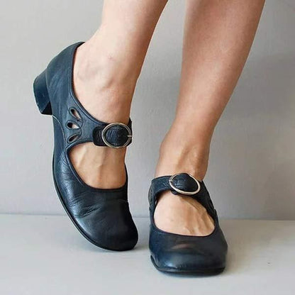 Women's Low Heel Slip-On Shoes | Leather Style Rounded Toe