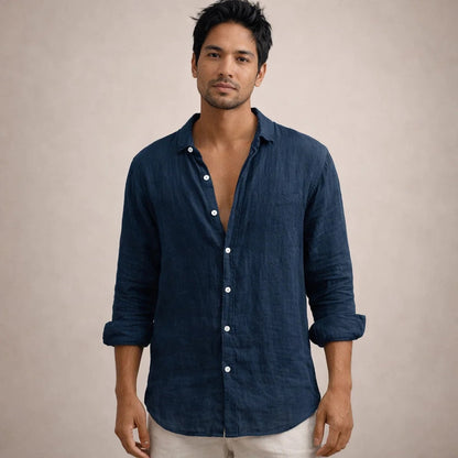 Men's Long Sleeve Open Collar Shirt | Regular Fit Linen-Style Summer Top