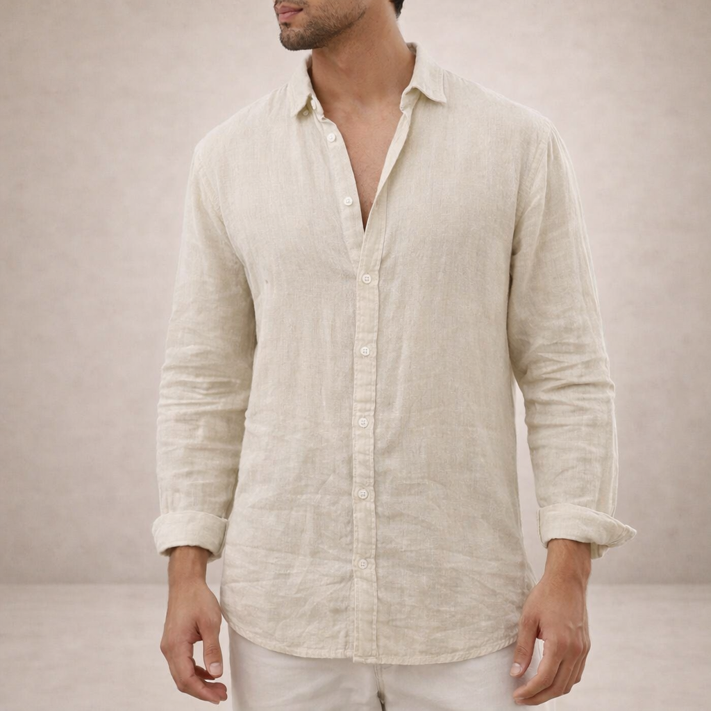 Men's Long Sleeve Open Collar Shirt | Regular Fit Linen-Style Summer Top