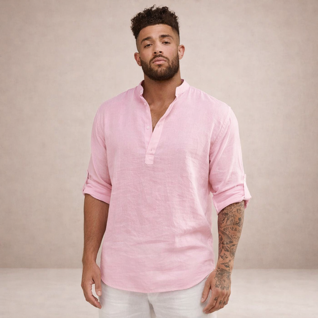 Men's Linen Shirt | Breathable Stand Collar Long Sleeve