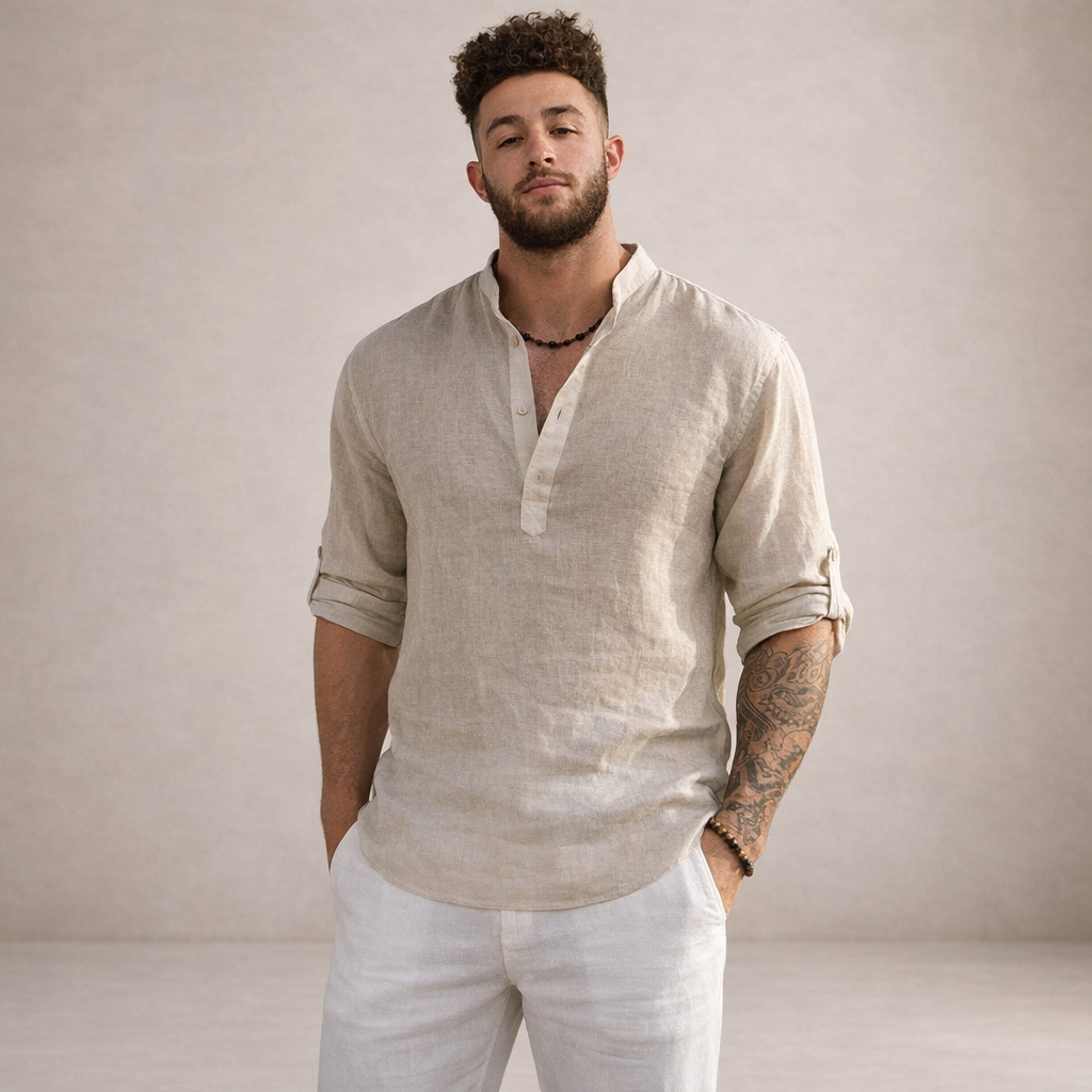 Men's Long Sleeve Stand Collar Shirt | Regular Fit Linen-Style Breathable Top