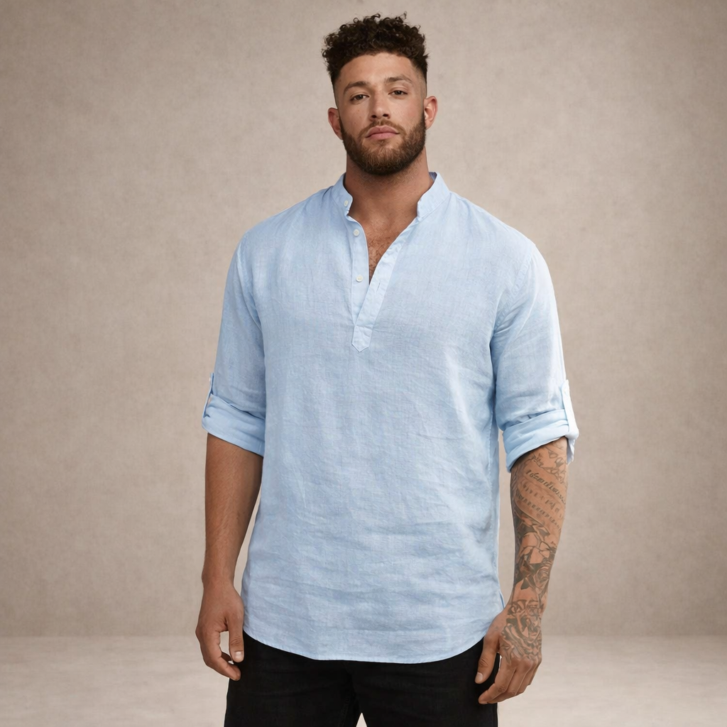 Men's Long Sleeve Stand Collar Shirt | Regular Fit Linen-Style Breathable Top