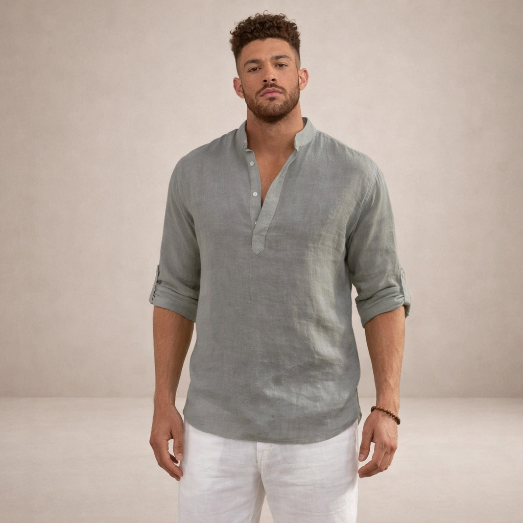Men's Long Sleeve Stand Collar Shirt | Regular Fit Linen-Style Breathable Top