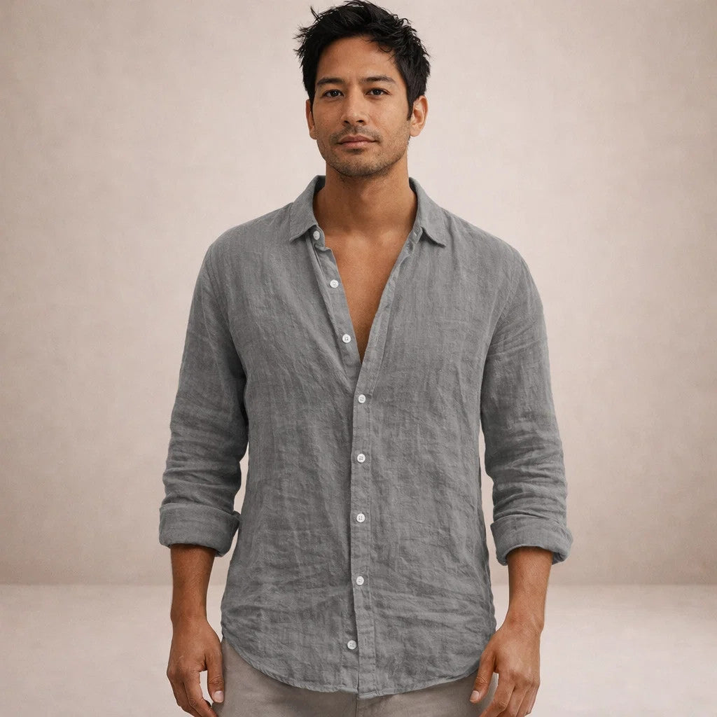 Men's Long Sleeve Open Collar Shirt | Regular Fit Linen-Style Summer Top