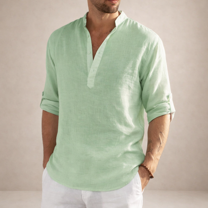 Men's Linen Shirt | Breathable Stand Collar Long Sleeve