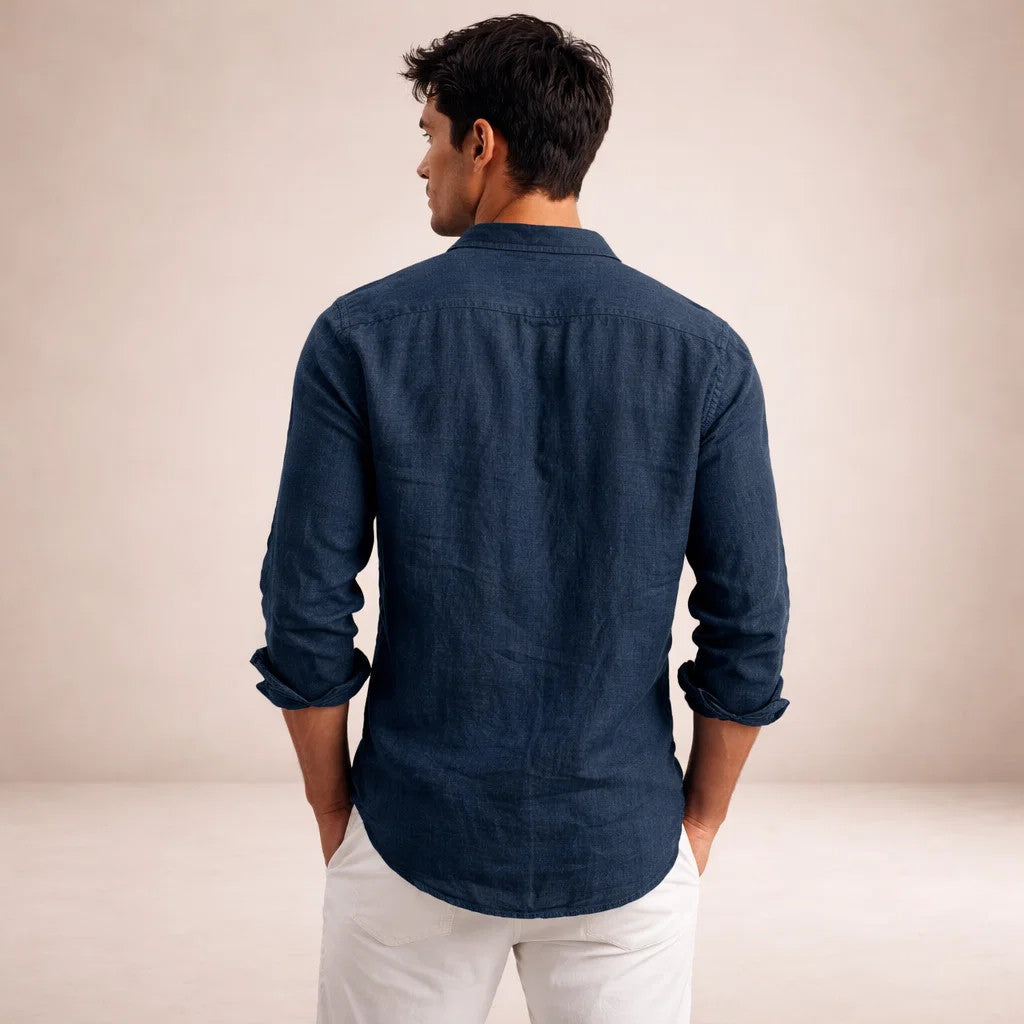 Men's Long Sleeve Open Collar Shirt | Regular Fit Linen-Style Summer Top