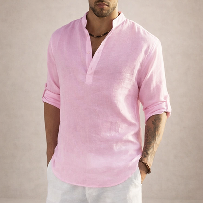 Men's Long Sleeve Stand Collar Shirt | Regular Fit Linen-Style Breathable Top