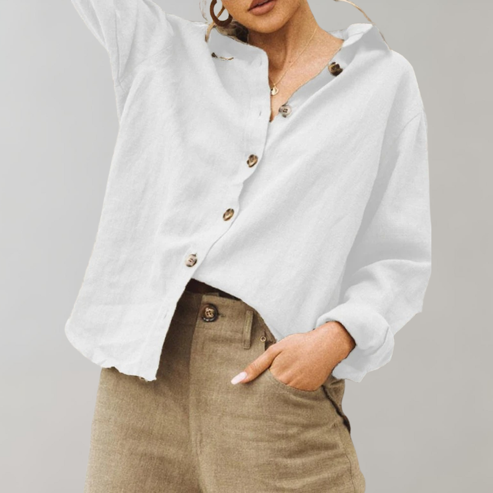 Women's Vintage Linen Style Blouse | Classic Collar Relaxed
