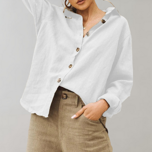 Women's Vintage Linen Style Blouse | Classic Collar Relaxed