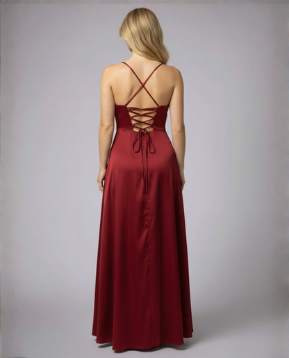 Women's Satin Style Maxi Dress | Cowl Neck Side Slit Evening Dress
