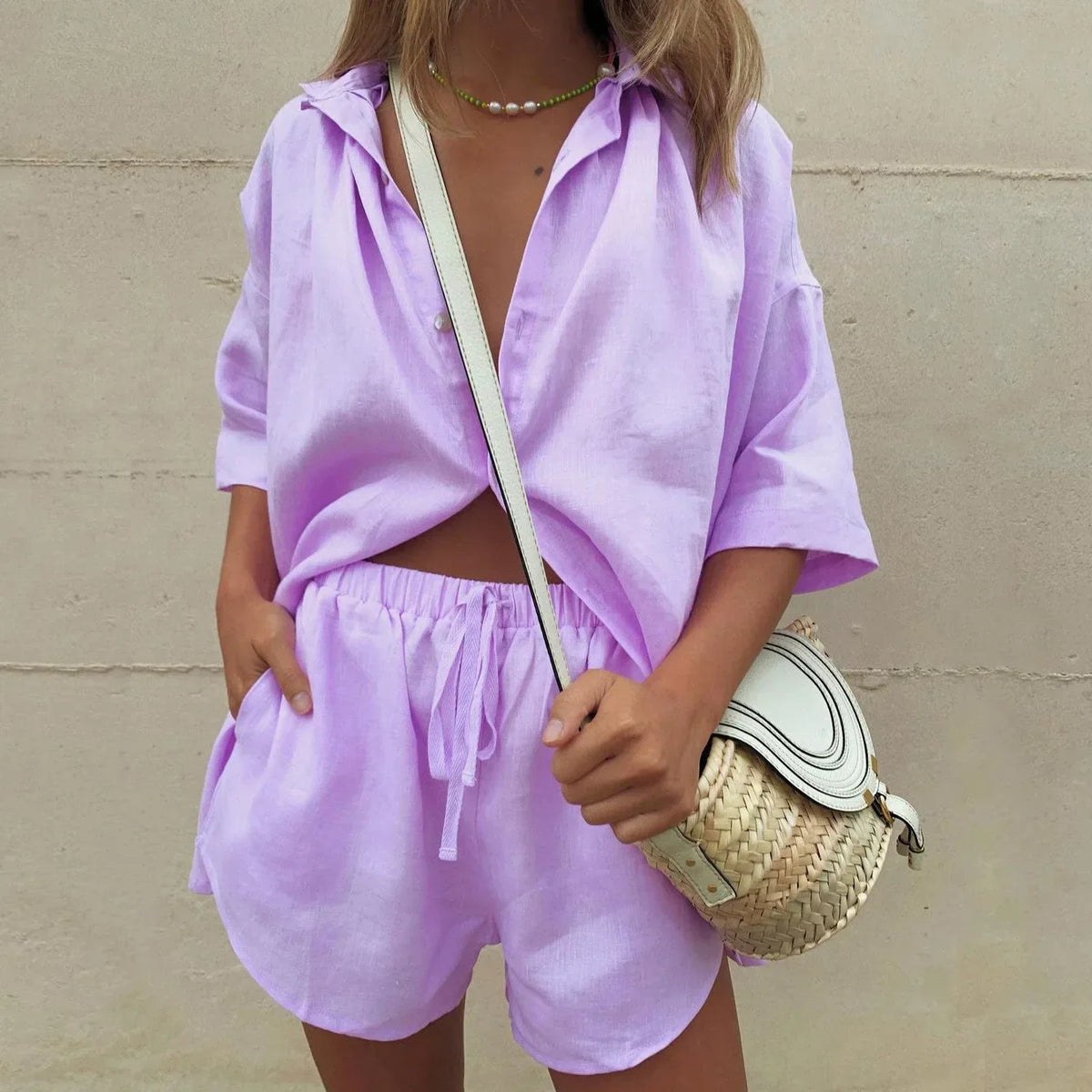 Women's Linen Style Summer Set | Shirt & Shorts Two-Piece