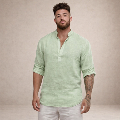 Men's Long Sleeve Stand Collar Shirt | Regular Fit Linen-Style Breathable Top