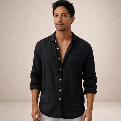 Men's Long Sleeve Open Collar Shirt | Regular Fit Linen-Style Summer Top