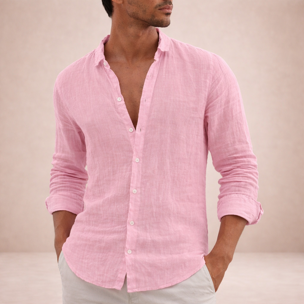 Men's Long Sleeve Open Collar Shirt | Regular Fit Linen-Style Summer Top