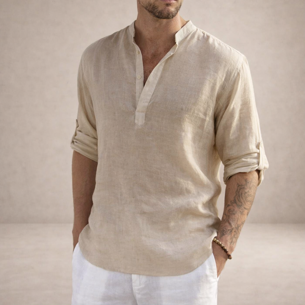 Men's Long Sleeve Stand Collar Shirt | Regular Fit Linen-Style Breathable Top
