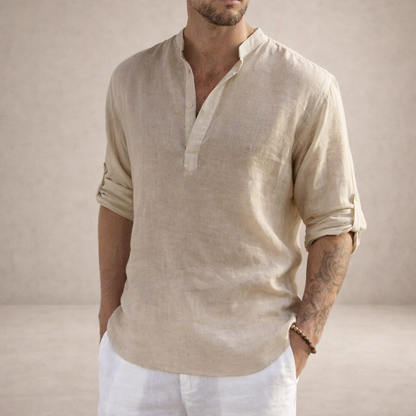 Men's Long Sleeve Stand Collar Shirt | Regular Fit Linen-Style Breathable Top