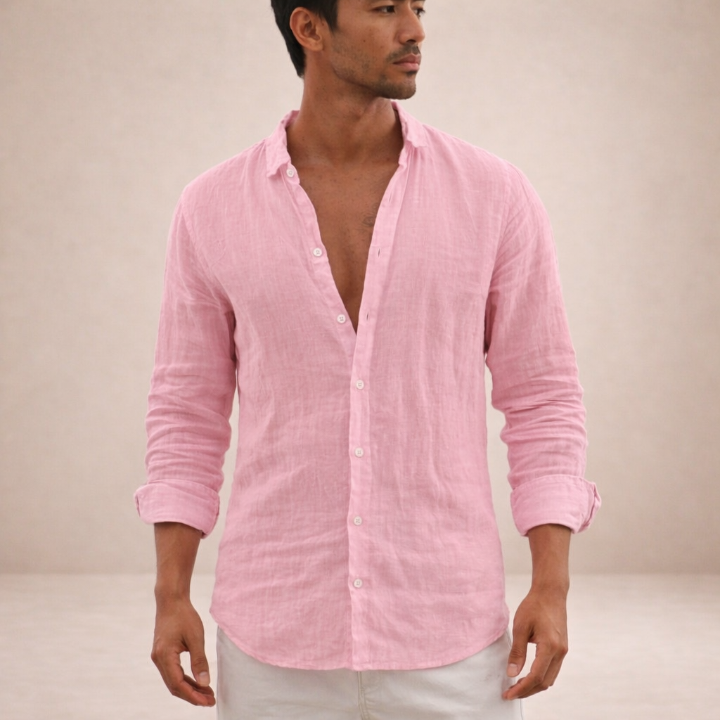 Men's Long Sleeve Open Collar Shirt | Regular Fit Linen-Style Summer Top